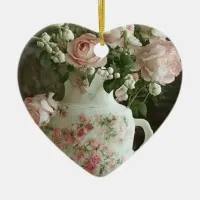 Pretty Pink Roses in Vintage Antique China Teapot Ceramic Ornament