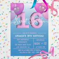 Pink Balloons In Blue Sky Sweet Sixteen Invitation