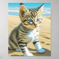 AI Gray Tabby Kitten Playing on a Sandy Beach Poster