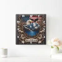 Eagle Flying Over Mountains and American Flag Square Wall Clock