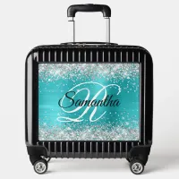 Silver Glitter Turquoise Blue Foil Fancy Monogram Luggage