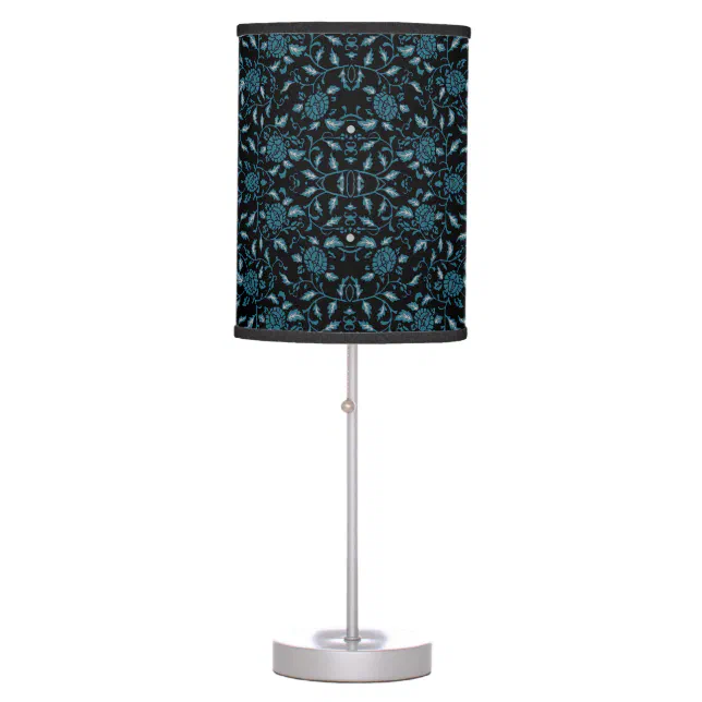 Elegant Flowery Black and Teal Damask Table Lamp