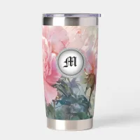 *~ Vintage Floral Monogram Pink Peony AP84  Insulated Tumbler