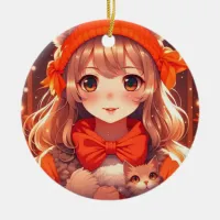 Anime Girl with Orange Kitten Christmas Ceramic Ornament