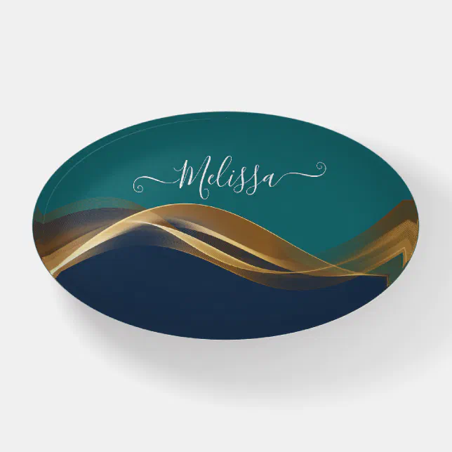 Elegant Gold Wave Blue Teal with Name Paperweight