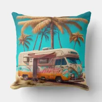 Retro RV and Palm Trees Throw Pillow