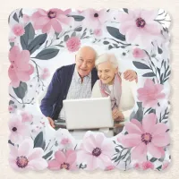Anniversary Happy Couple Pink Floral Photo Paper Coaster