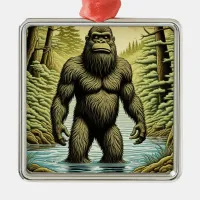 Bigfoot standing in Water Cartoon Metal Ornament