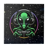 Alien Playing Video Games with Star Background Ceramic Tile