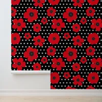 Red Poppies and Polka Dots Modern Floral Wallpaper