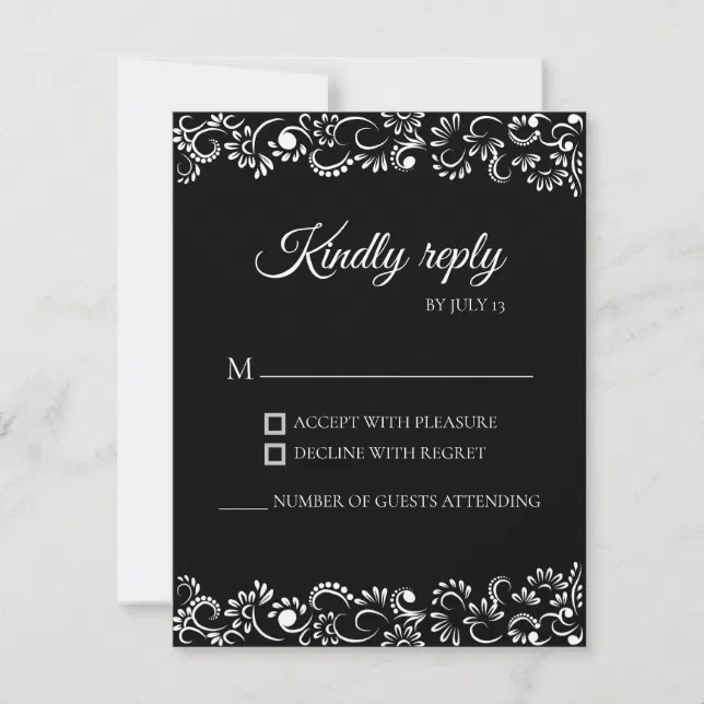 Elegant simple black and white floral wedding RSVP card