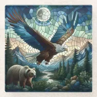Mosaic Bear and Eagle in the Mountains  Glass Coaster