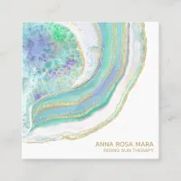 *~* Rainbow Pastel Blue Mint Gold Glitter Agate Square Business Card