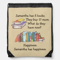 Books = Happiness, Love to Read Drawstring Bag