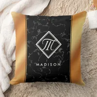 Elegant Black Marble & Copper Foil Monogram Throw Pillow