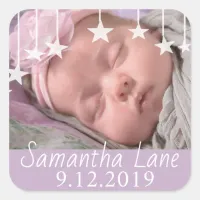 Whimsical Stars New Baby Name and Date Square Sticker