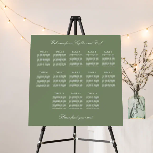 Sage Green 13 Table Wedding Seating Chart Foam Board