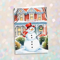 Cute Whimsical Snowman in the Suburbs Christmas Card