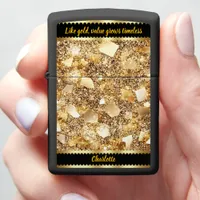 A radiant display of shimmering gold sparkles zippo lighter