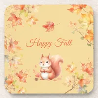 Happy Fall Squirrel in Leaves Beverage Coaster