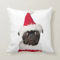 Cute Christmas Black Pug Santa Hat Throw Pillow