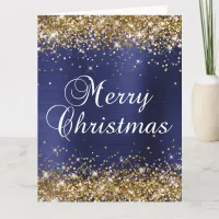 Gold Glitter Navy Blue Foil Big Merry Christmas Card