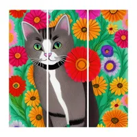 Whimsical Gray and White Cats and Red Flower Triptych