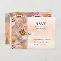 Heart Pearls, Orange Roses & Butterflies Wedding RSVP Card