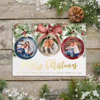 Modern Watercolor Christmas Ornaments 3 Photos Foil Holiday Card