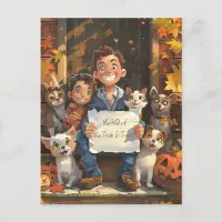 Halloween Happy Family with Pets Postcard