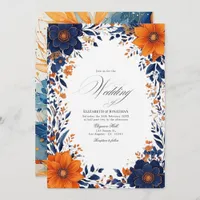 Elegant Navy and Orange Floral Watercolor Wedding Invitation