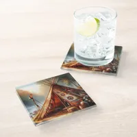 Tranquil native Indian teepee by a serene river Glass Coaster