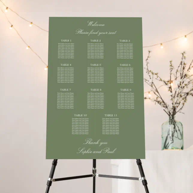 Sage Green 11 Table Wedding Seating Chart Foam Board