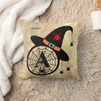 Monogram A Halloween Sky Witch Spiders Name Throw Pillow