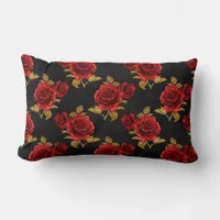 Red Roses with Gold Leaves Lumbar Pillow