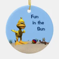 Cute Cartoon Duck and Crab on Beach Ceramic Ornament