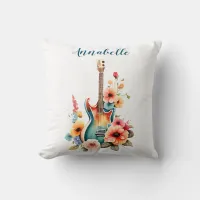 Boho Guitar with Floral Blooms Throw Pillow