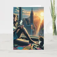 Woman Drinking Coffee at Sunrise in the City Card