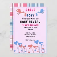 Girl, Boy Reveal, Storks, Heart Flower Baby Shower Invitation