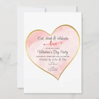 Eat Drink & Love Watercolor Gold Heart Vday Party Invitation