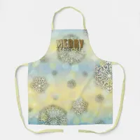 Shiny Filigree Snowflakes Gold Merry Christmas Apron