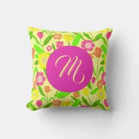 Floral Pink and Yellow Vintage Monogrammed Throw Pillow