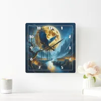 Eagle on Tree Branch Under Full Moonlight Square Wall Clock