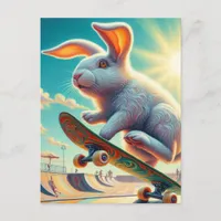 Skateboarding White Bunny Surreal Colorful and Fun Postcard