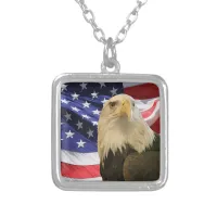 American Bald Eagle and Flag Silver Plated Necklace