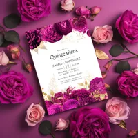 Hot-Pink and Gold Floral Quinceañera Invitation