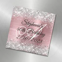 Silver Glitter Pink Foil Monogrammed 40th Birthday Magnet