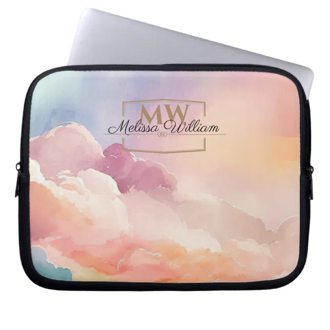 Watercolor Clouds Black Gold Monogram Name Script Laptop Sleeve