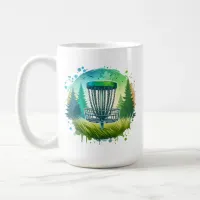 Disc Golf Basket and Pine Trees Blue and Green Coffee Mug