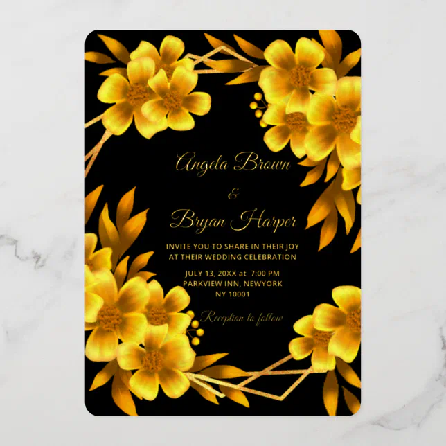 Autumn romance black & gold floral geometric frame foil invitation